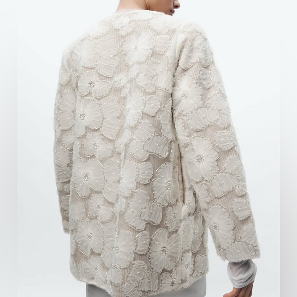 ZARA Floral Pearl Embellished Knit Cardigan – Beige / Cream - Picture 6 of 9